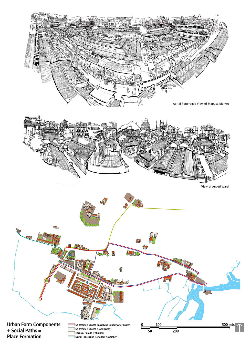 Refiguring Goan Towns Through the Production of Space in Mapusa, Goa. Capstone project sheet from my Masters in Urban Design at CEPT University, 2015. Hand-drawn illustrations of Mapusa Market and Angod Ward, drawn on rough tracing paper with black ink multi-liner pens, alongside a mapping of urban form and social paths across the town. Winner of the National Award for Excellence in Post-Graduate Thesis in Architecture, Council of Architecture and NIASA, Delhi.