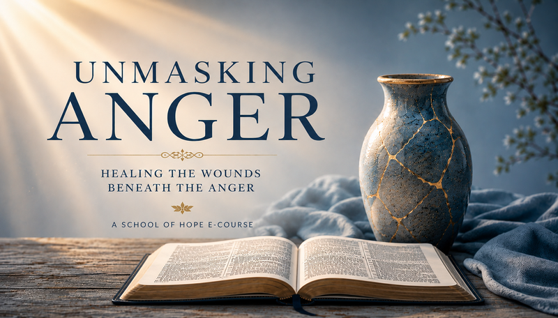 Open Bible beside a blue cracked vase repaired with gold, representing biblical healing, restored identity, and freedom from the wounds beneath anger.