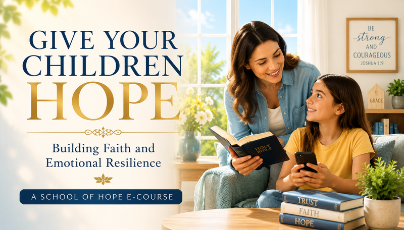 Mother gently shares a Bible with her child holding a phone, symbolizing guiding children from screen time towards God’s Word and hope.