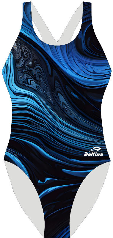 Delfina XBack SF821 swimsuit in Liquid Surge print, made from eco‑friendly Carvico Xlance