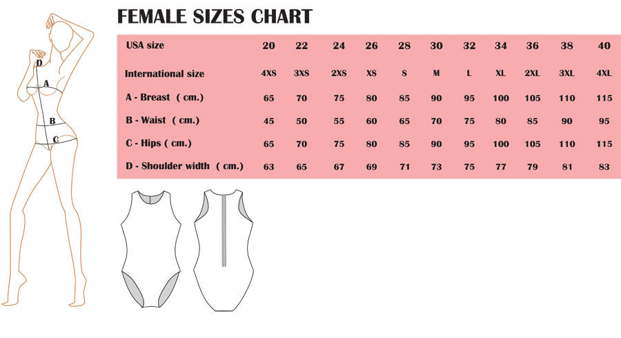 Miniatiūra: size chart for Red Diamond White Delfina Openback Swimsuit