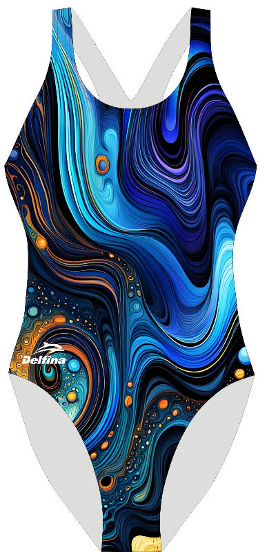 Delfina XBack SF821 swimsuit in Orbit Current print, made from eco‑friendly Carvico Xlance