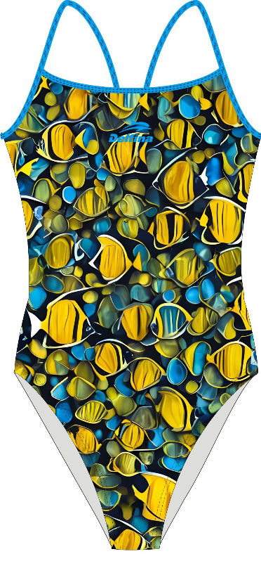 Delfina Classic Thin Straps SF333 swimsuit in the Tide Parade tropical fish print, made from eco‑friendly Carvico