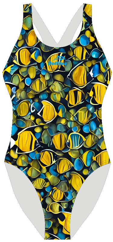 Delfina XBack SF821 swimsuit in Tide Parade print, made from eco‑friendly Carvico Xlance