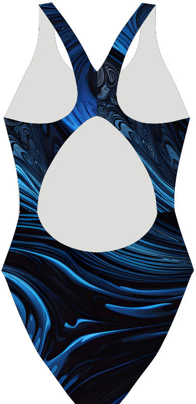 Delfina XBack SF821 swimsuit in Liquid Surge print, made from eco‑friendly Carvico Xlance
