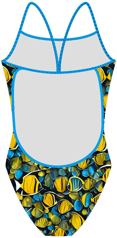Delfina Classic Thin Straps SF333 swimsuit in the Tide Parade tropical fish print, made from eco‑friendly Carvico