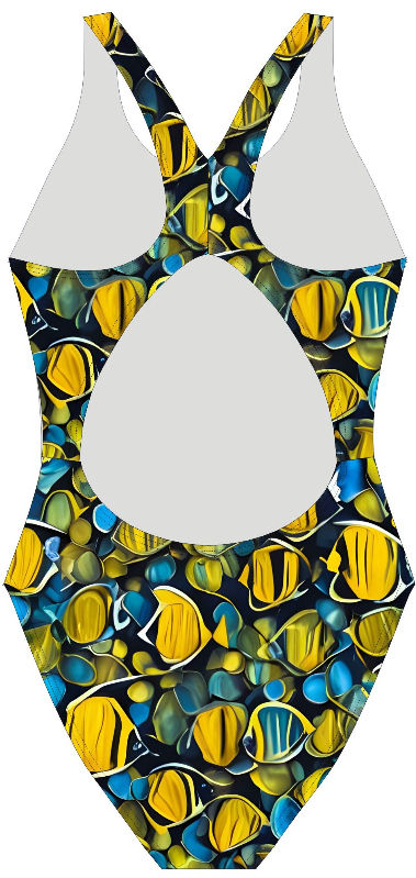 Delfina XBack SF821 swimsuit in Tide Parade print, made from eco‑friendly Carvico Xlance