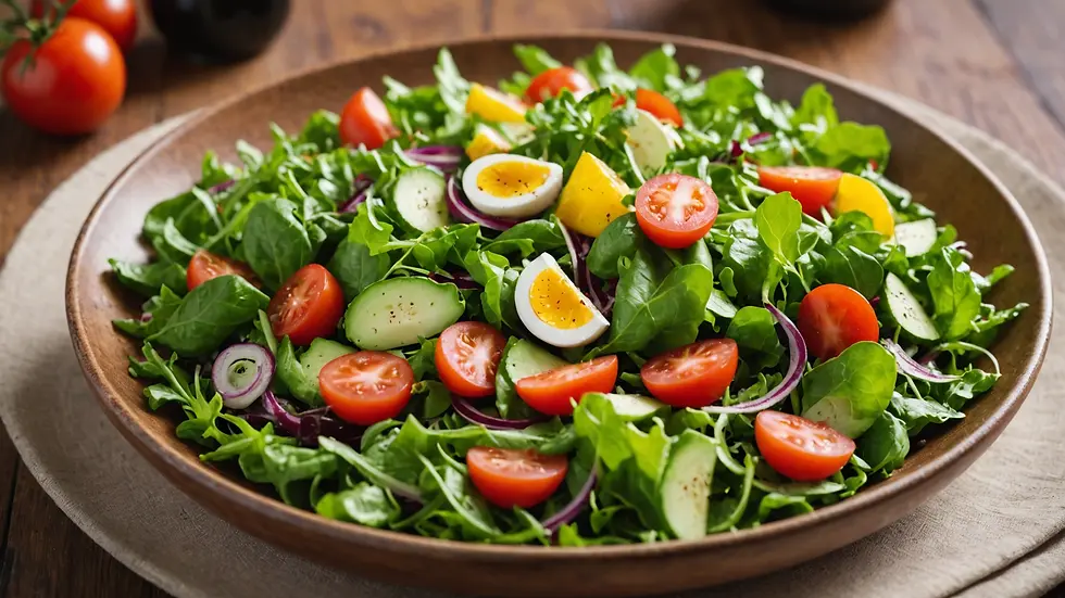 Eye-level view of a colorful plate of fresh salad