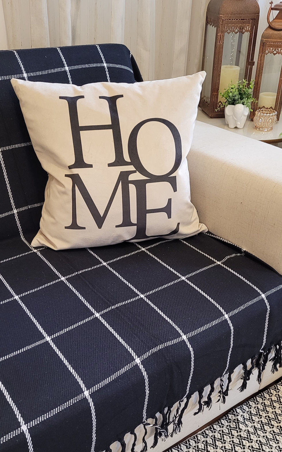Miniatura: Manta sofa e cama 2,7x2,2m XADREZ BOHO PRETO/BRANCO 