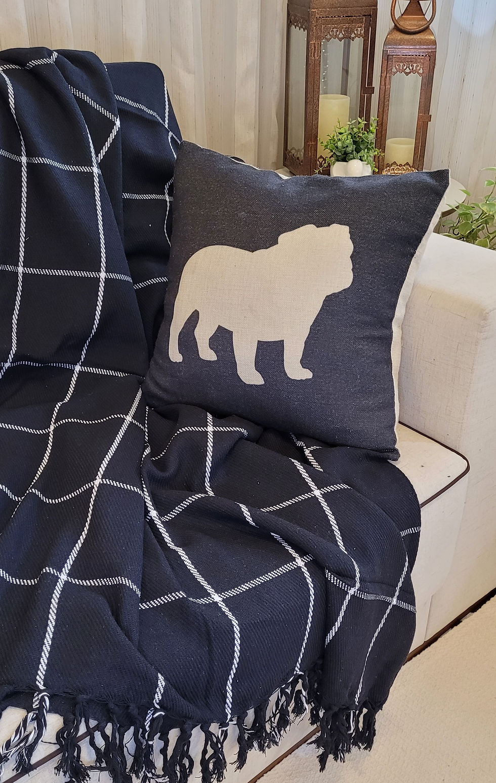 Miniatura: Manta sofa e cama 2,7x2,2m XADREZ BOHO PRETO/BRANCO 