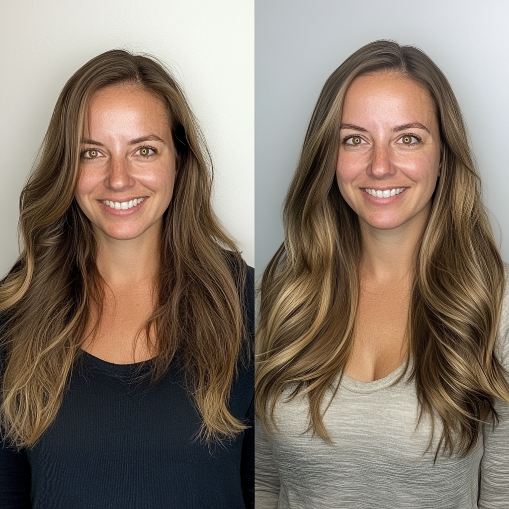 before and after brunette woman after visiting hair salon