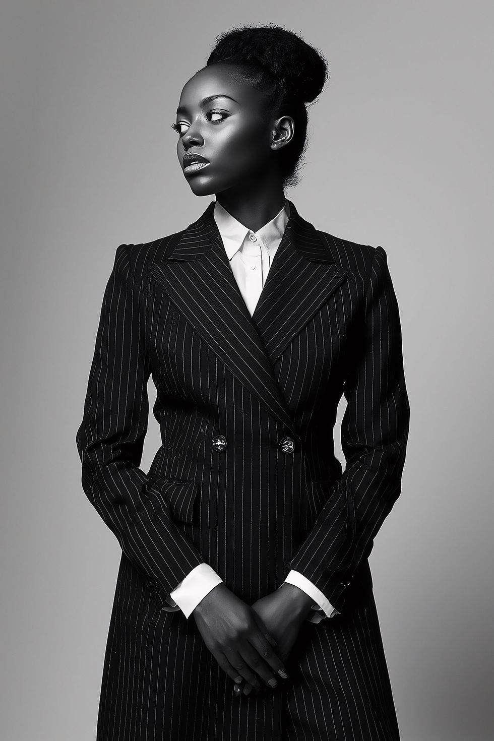 black woman wearing suit looking to the side