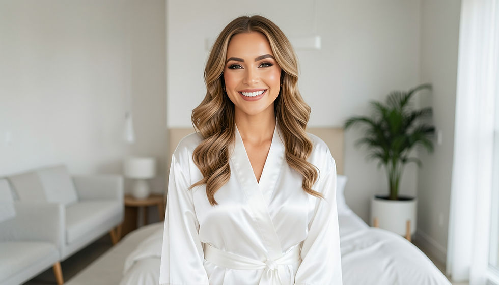 bride wearing white silk smiling