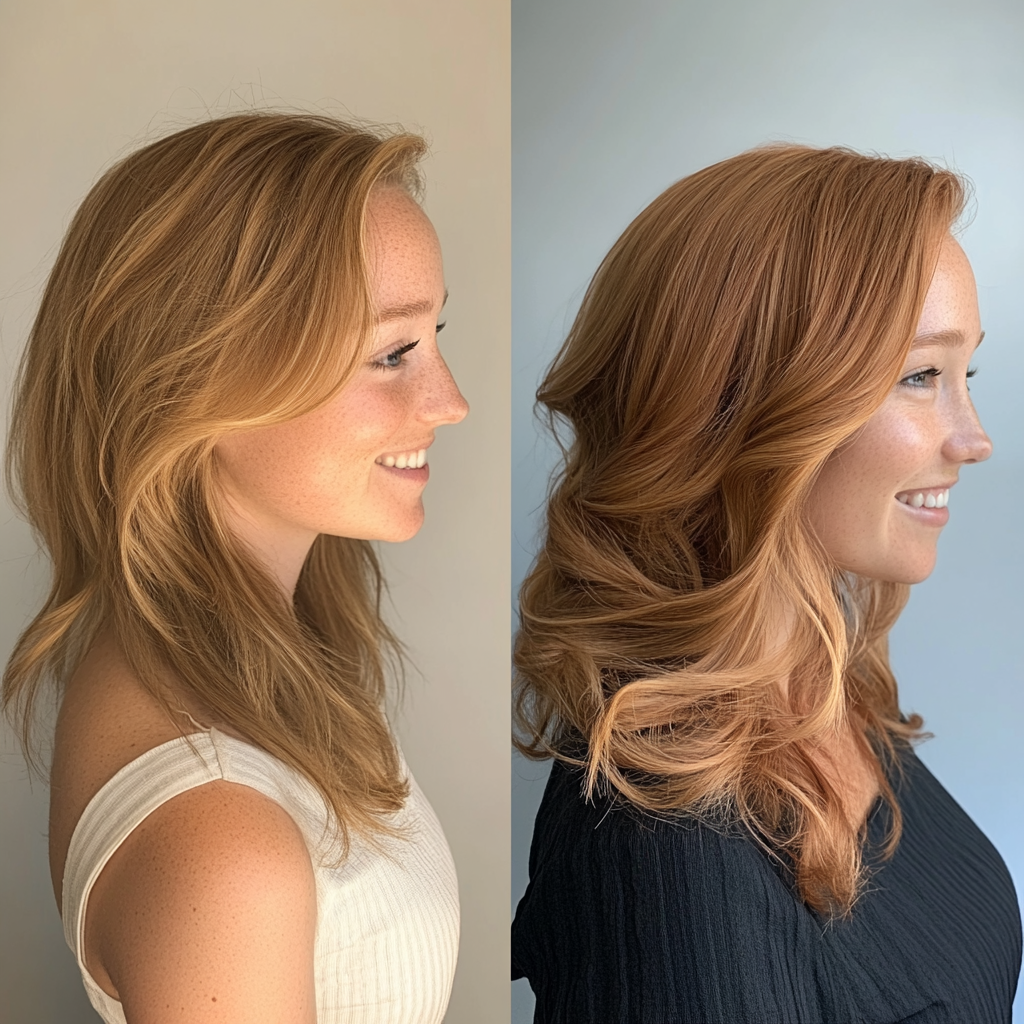 before and after of red head woman after visiting salon