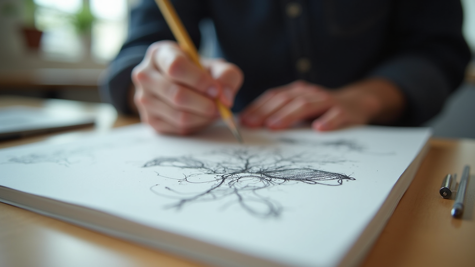 Eye-level view of a designer sketching matchbook art concepts