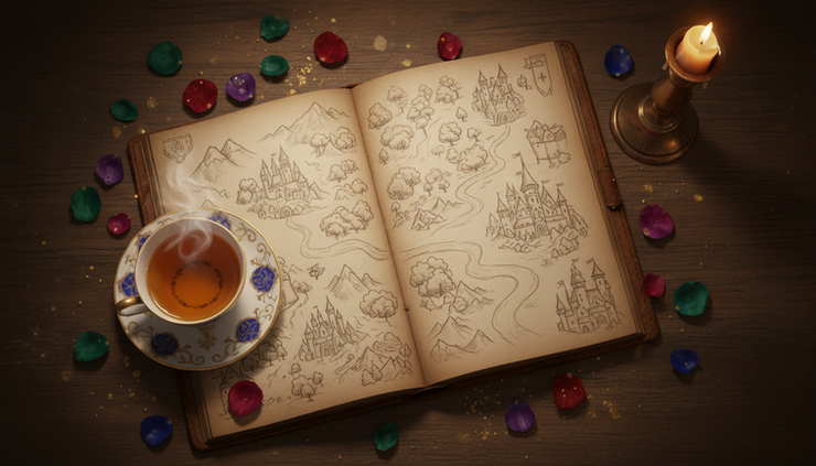 Overhead view of an open fantasy notebook beside a teacup and scattered flower petals.