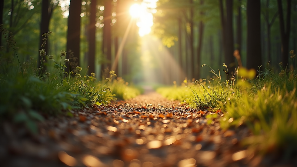Eye-level view of a serene forest path bathed in soft sunlight