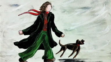 Painting of a woman in a black coat and red scarf walking a dog in winter.