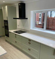 A kitchen with light green cabinetry, a black extractor hood, and a sleek countertop