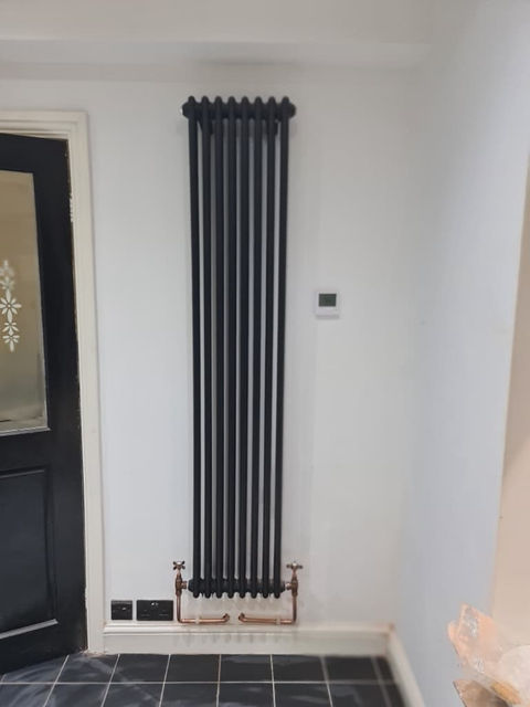 Tall vertical black designer radiator installed on a plain white hallway wall