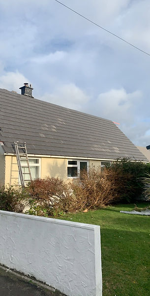 Residential house roof undergoing tile repair with ladder