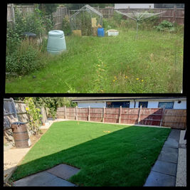 Before and after image of a garden after trimming the grass