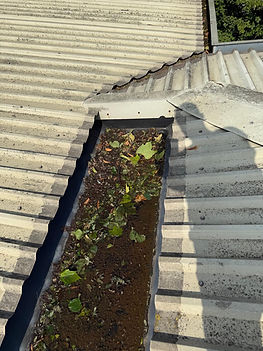A gutter filled with dirt and leaves sits between two corrugated metal roof section