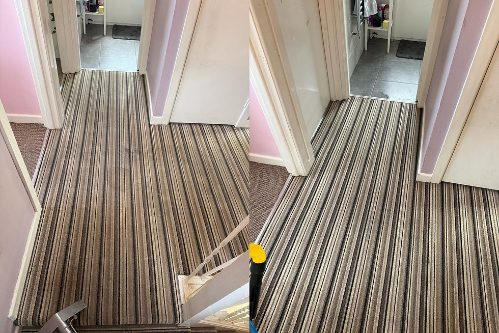 Before and after comparison of deep cleaned striped hallway carpet