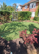 A well-manicured lawn with a backdrop of shrubs and a climbing frame