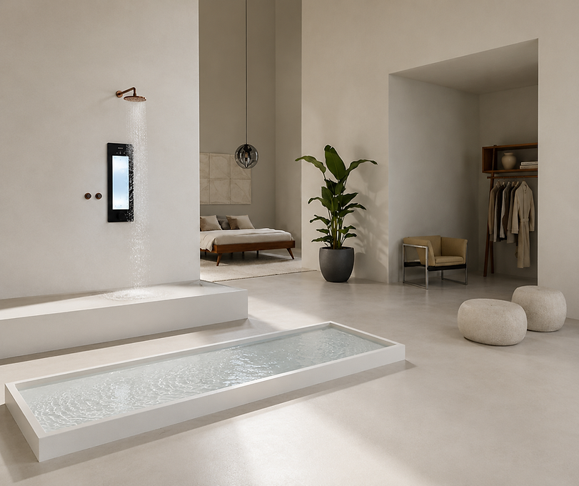 Luxury spa-style bathroom showing a walk-in shower area and a comfortable armchair seating space