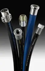 Five hoses in various colours showcasing metal fittings