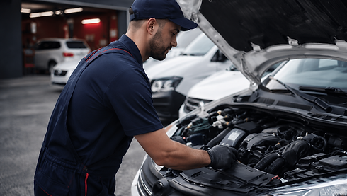 A mechanic in a blue uniform inspecting a fleet engine with the hood open