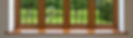 Wooden window overlooking a manicured garden with trimmed hedges.