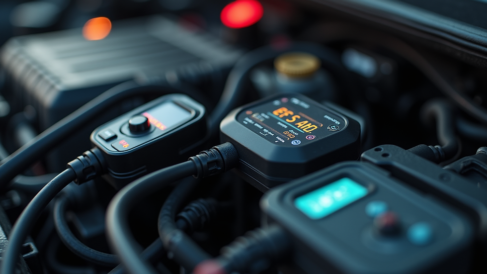 Close-up view of car engine control unit with diagnostic tool connected
