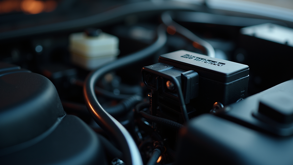 Close-up view of car engine control unit with wiring