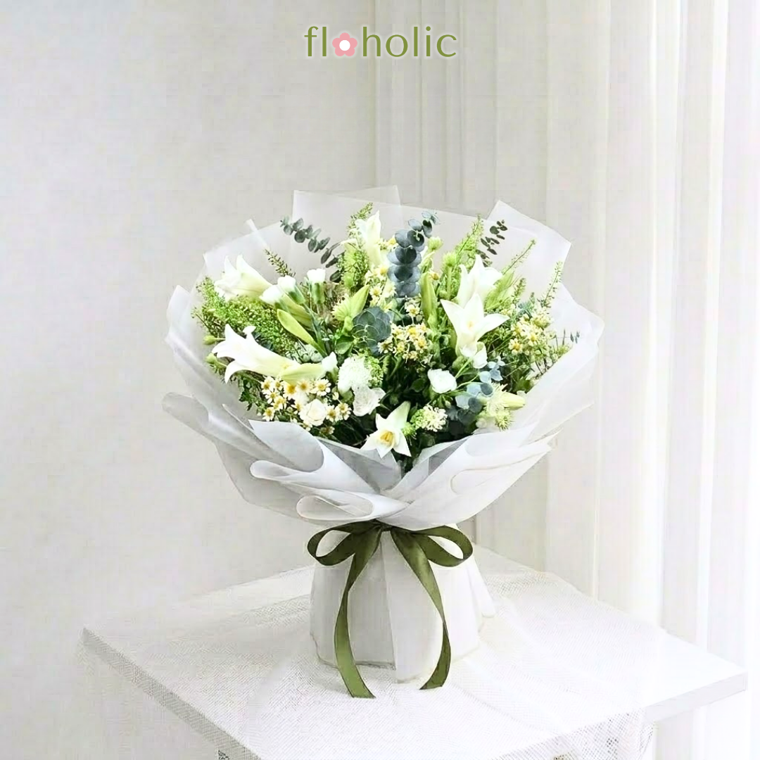 Bó hoa loa kèn trắng mix xanh lá