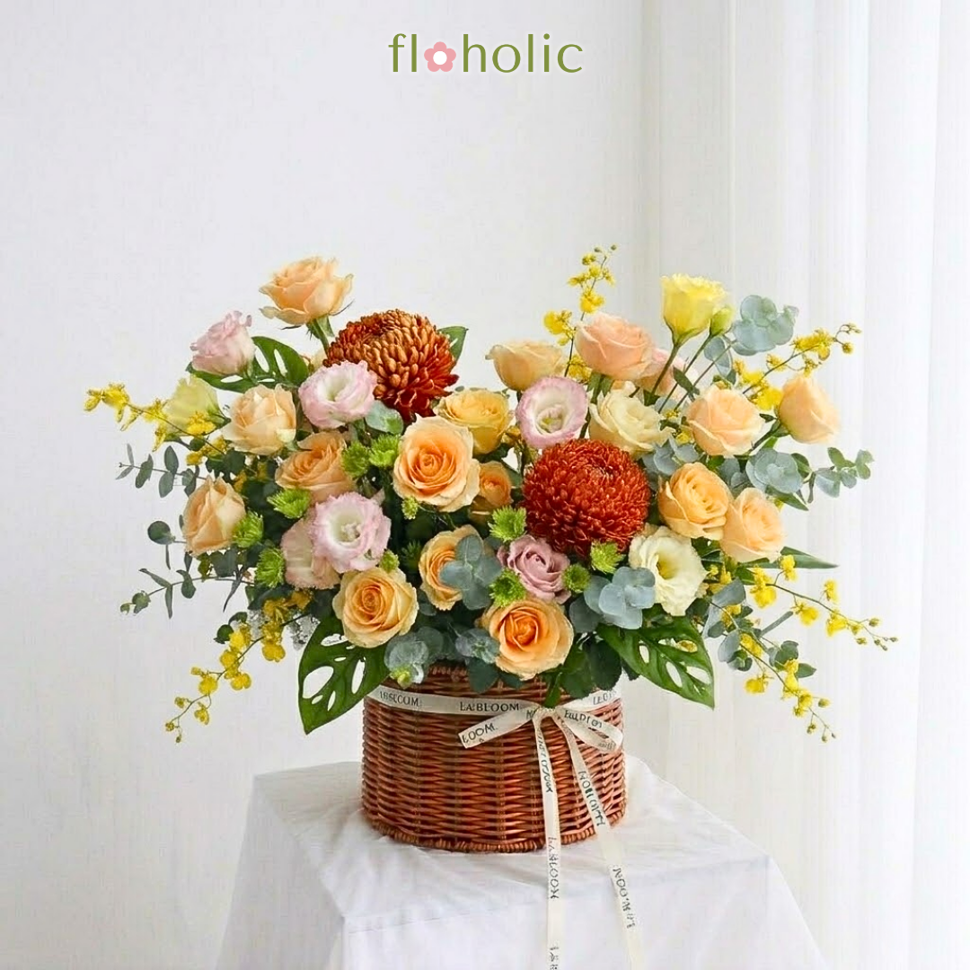 Giỏ hoa hồng cam lãng mạn