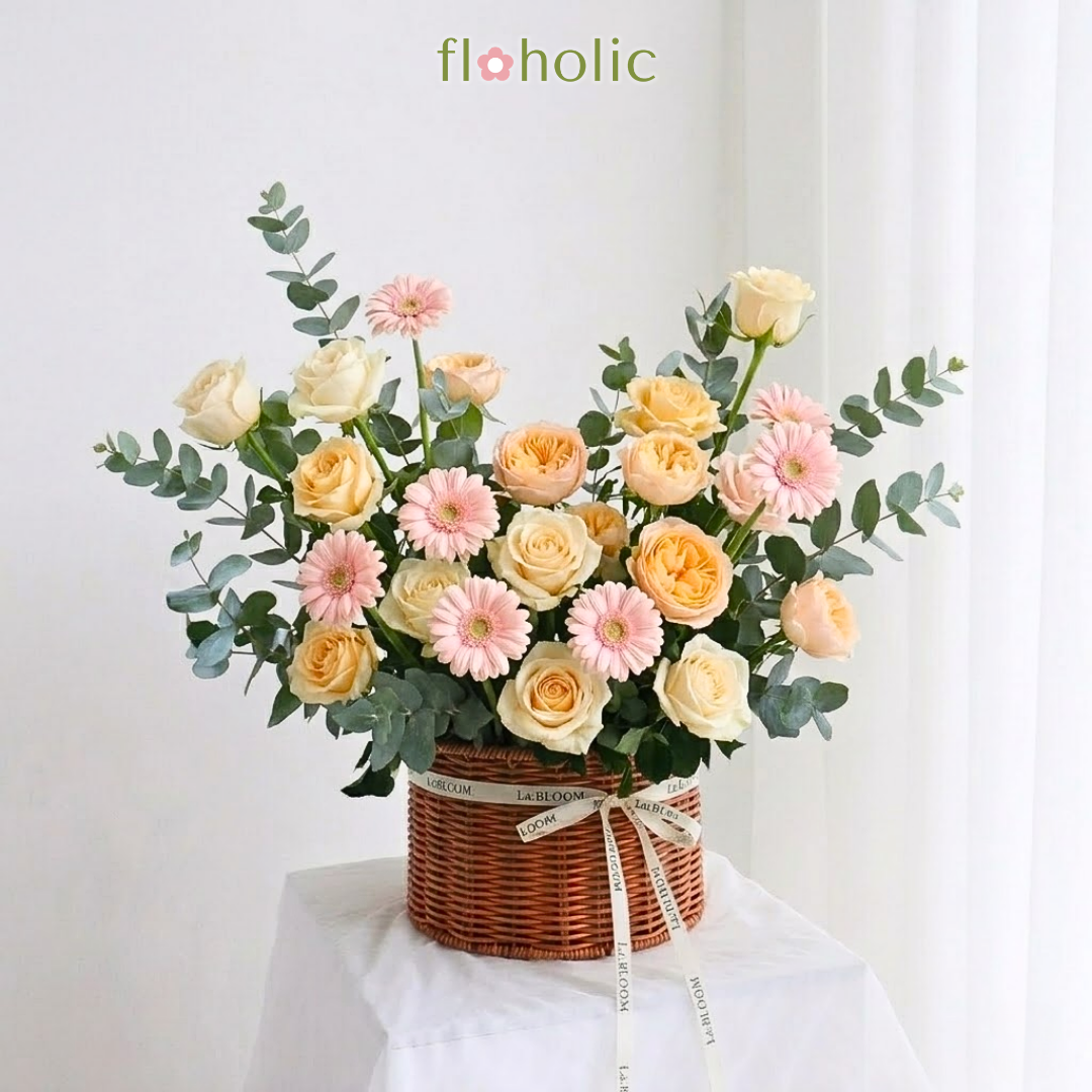 Giỏ hoa hồng kem dịu dàng
