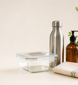 Glass food container, stainless-steel bottle and reusable household items on a plain warm background