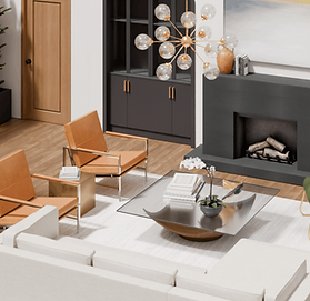 Photorealistic modern living room design featuring a black fireplace, leather accent chairs, contemporary chandelier, built-in cabinetry, and neutral furnishings