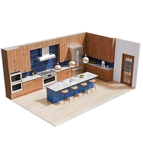 3D rendered modern kitchen design featuring wood cabinetry, blue tile backsplash, large island with seating, stainless steel appliances, and pendant lighting