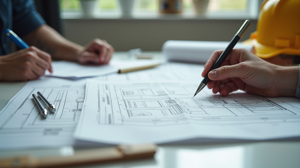 Close-up view of construction blueprints and tools on a table