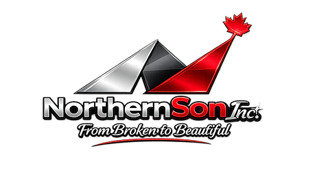 Northern Son Inc. logo displaying a silver and red mountain-inspired emblem with a Canadian maple leaf, representing expert home renovations, general contracting, carpentry, bathroom renovations, kitchen remodeling, additions, decks, garages, and commercial construction services in Sault Ste. Marie, Ontario.