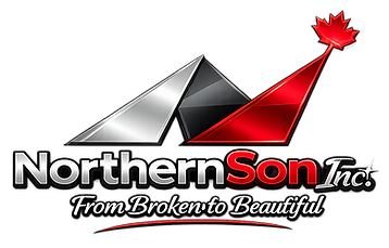 Northern Son Inc. logo displaying a silver and red mountain-inspired emblem with a Canadian maple leaf, representing expert home renovations, general contracting, carpentry, bathroom renovations, kitchen remodeling, additions, decks, garages, and commercial construction services in Sault Ste. Marie, Ontario.