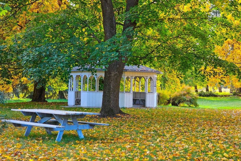 White gazebo in fall with orange and yellow leaves on the ground and a picnic table in the foreground