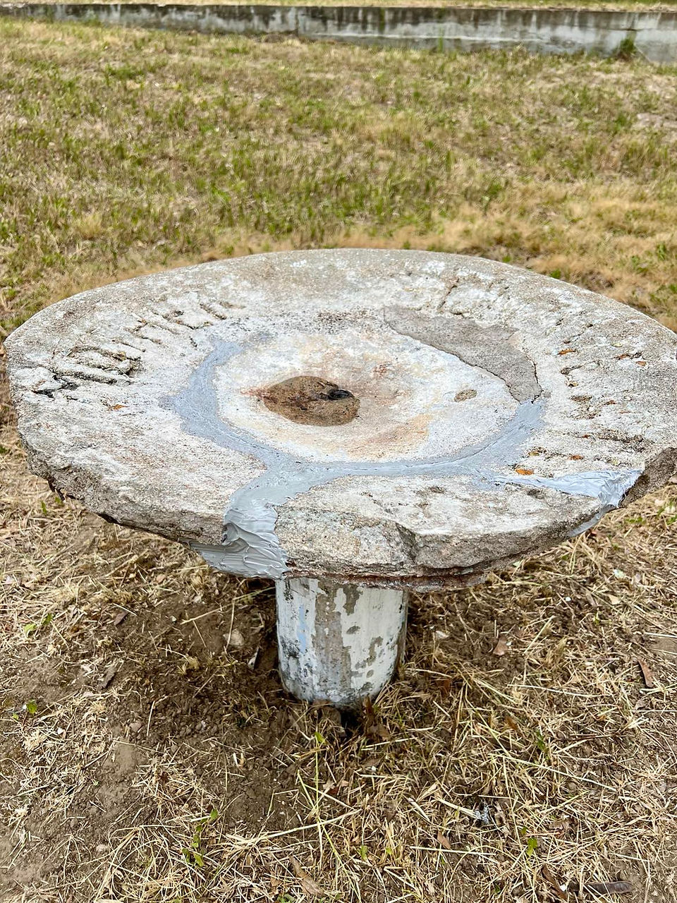 A historic stone bird bath, restored with visible repairs on the surface and edges, standing on a weathered pedestal against a grassy backdrop.