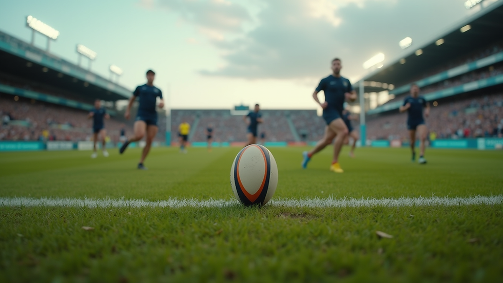 Eye-level view of a rugby field with players in action