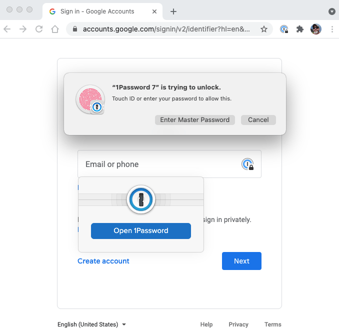 Uso do TouchID na extensão web do app do 1Password
