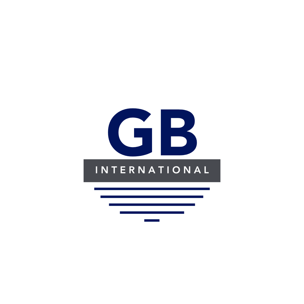 GB International logo with dark blue text and lines below it.