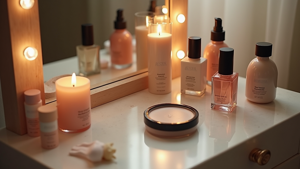High angle view of a serene vanity table with beauty products and a lit candle